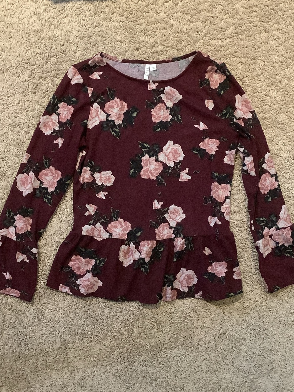 Elle Burgundy Floral Peplum Long-Sleeve Top